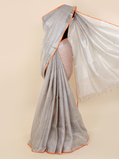 

Pothys Silver-Toned & Orange Linen Blend Checked Saree