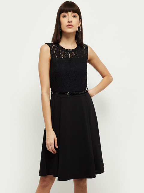 

max Women Black Self Design Fit and Flare Dress