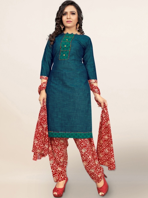 

Pothys Teal Green & Red Cotton Blend Unstitched Dress Material