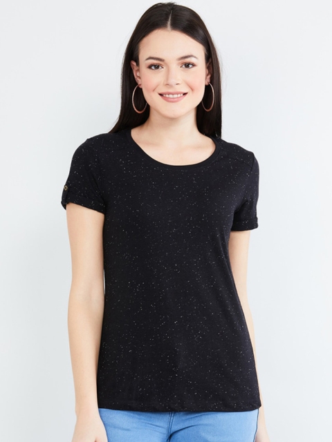 

max Women Black Printed Round Neck T-shirt