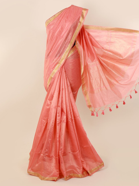 

Pothys Peach-Coloured & Gold-Toned Tissue Solid Saree