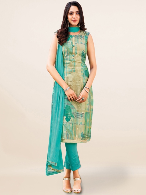 

Pothys Beige & Turquoise Blue Viscose Rayon Unstitched Dress Material