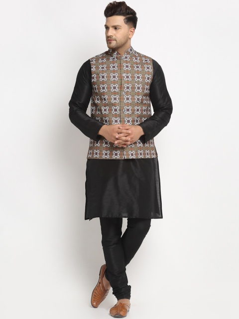 

Benstoke Men Black Solid Kurta with Churidar and Printed Nehru Jacket