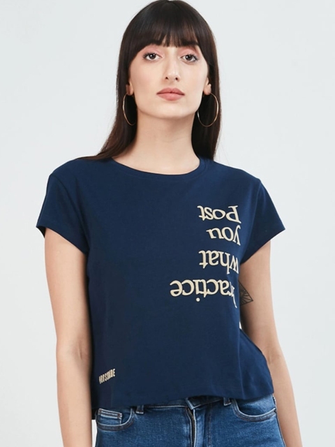 

max Women Navy Blue Printed Round Neck T-shirt