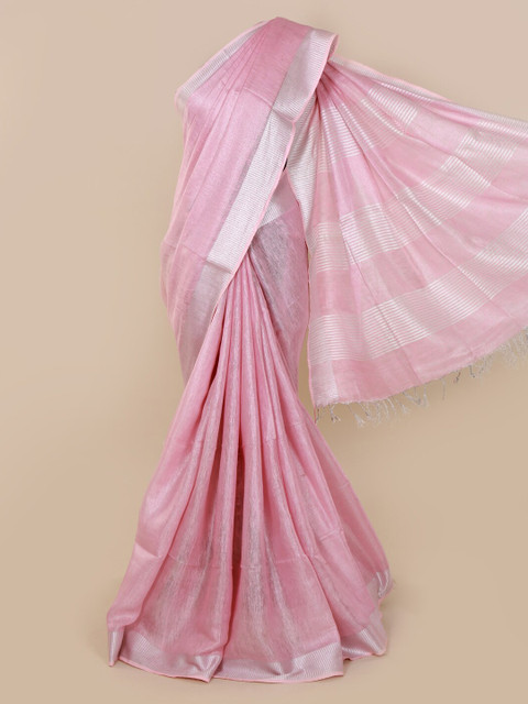 

Pothys Pink & Silver-Toned Linen Blend Solid Saree