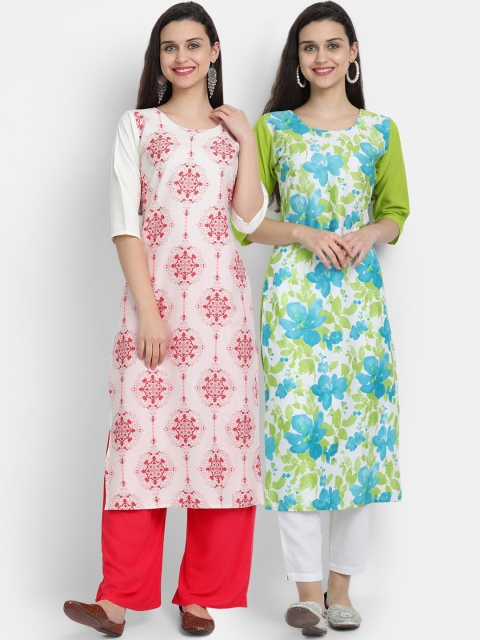 

7threads women Pack Of 2 pink & blue floral printed crepe kurta
