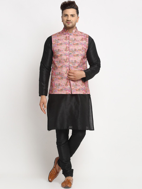 

Benstoke Men Black Solid Kurta with Churidar & Waistcoat