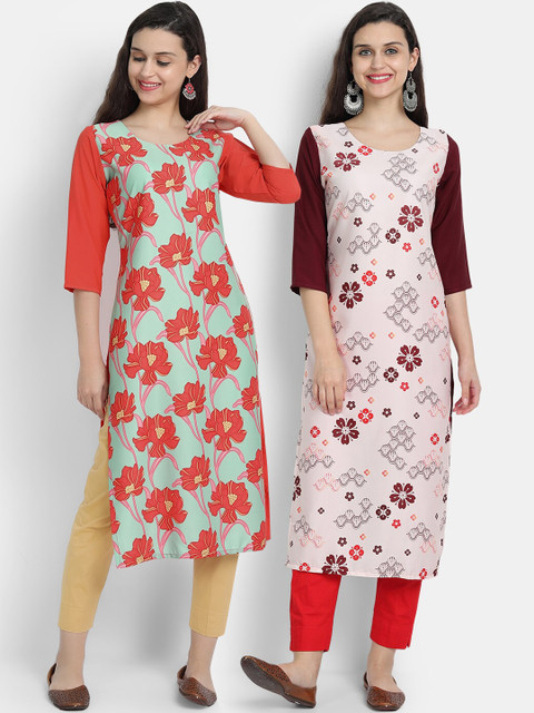 

7threads women Pack Of 2 maroon & orange floral printed crepe kurta