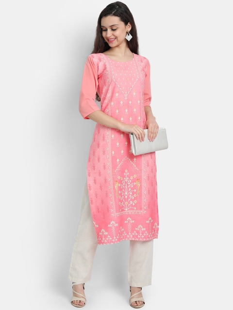 

7threads women Pack Of 2 pink & navy blue floral printed crepe kurta
