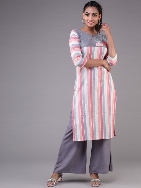 

KLM Fashion Mall Women Peach-Coloured & Grey Striped Kurta