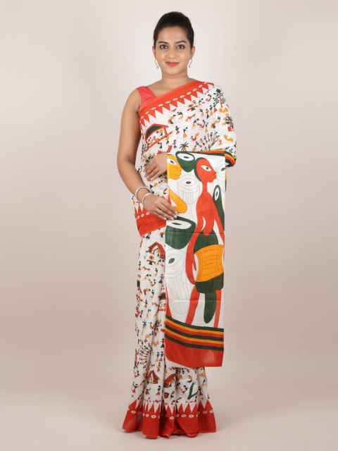 

Pothys White & Orange Cotton Blend Printed Saree