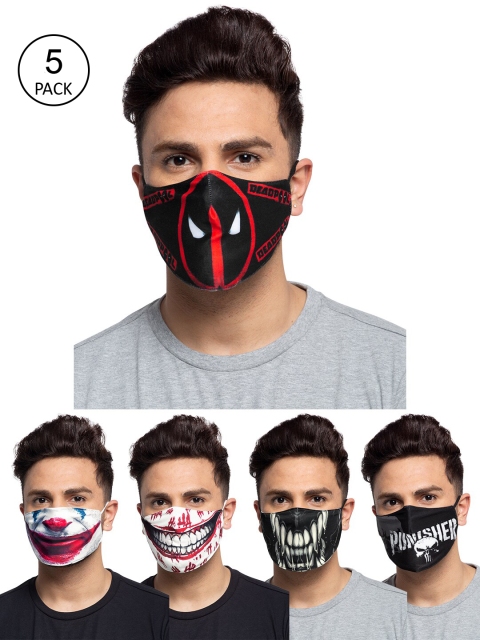 

TREEMODA Men Pack Of 5 Printed 3-Ply Reusable Cloth Masks, Black