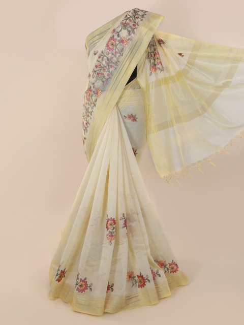 

Pothys Cream-Coloured & Gold-Toned Cotton Blend Printed Saree