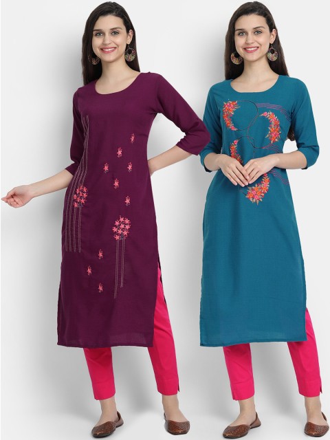 

7Threads Women Burgundy & Blue Ethnic Motifs Embroidered Thread Work Kurta