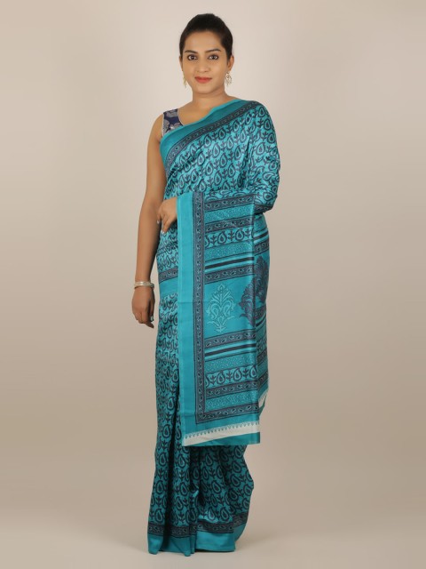 

Pothys Turquoise Blue Printed Jute Silk Saree