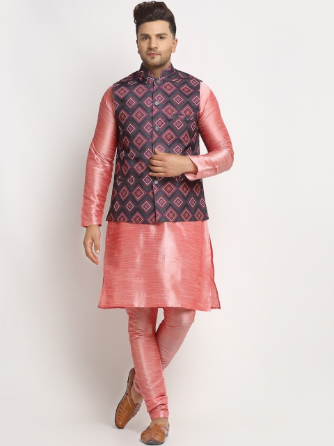 

Benstoke Men Pink Printed Kurta Churidar with Waistcoat