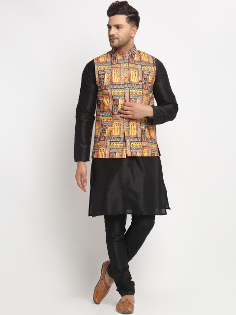 

Benstoke Men Black & Yellow Solid Kurta with Pyjamas With Nehru Jacket