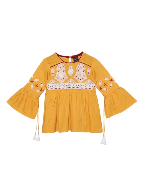 

Ishin DESIGNER STUDIO Girls Mustard Yellow Embroidered Bell Sleeves Top
