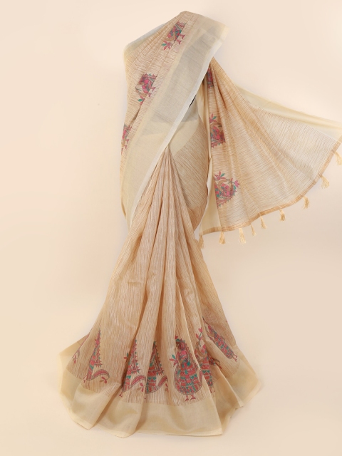 

Pothys Cream-Coloured & Pink Cotton Blend Woven Design Saree