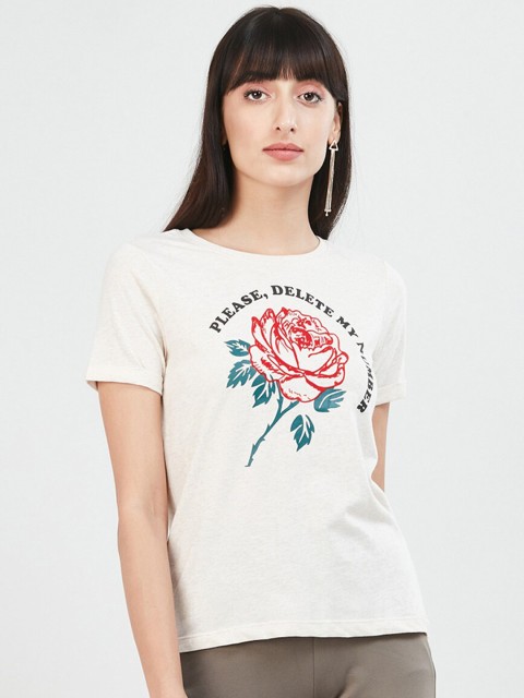 

max Women Cream-Coloured Printed Round Neck T-shirt