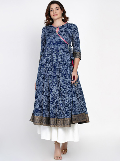 

Bhama Couture Women Blue Bandhani Printed Angrakha Kurta