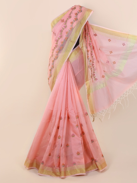 

Pothys Peach-Coloured Embroidered Cotton Blend Saree