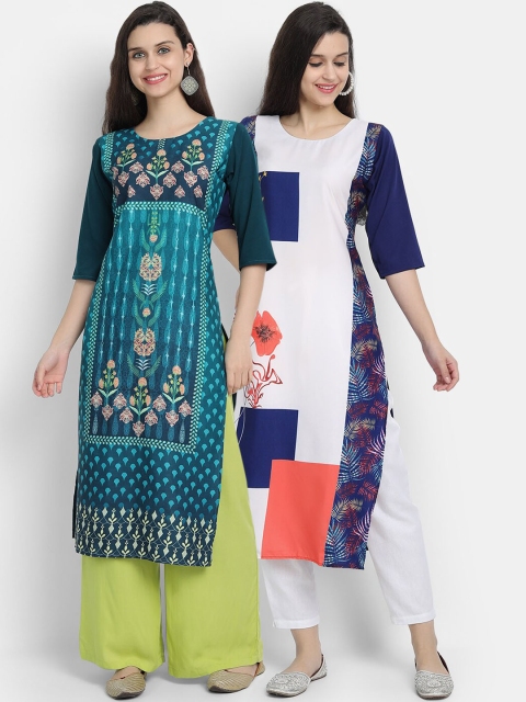 

7threads women Pack Of 2 blue & white ethnic motifs printed crepe kurta