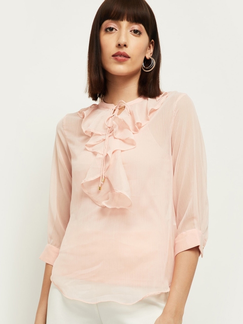 

max Women Pink Tie-Up Neck Ruffled Regular Top