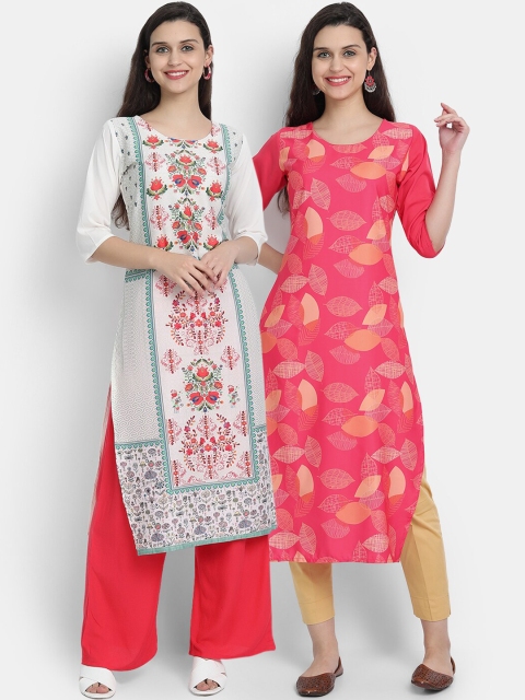 

7threads women Pack Of 2 multicoloured ethnic motifs printed thread work crepe kurta, Pink