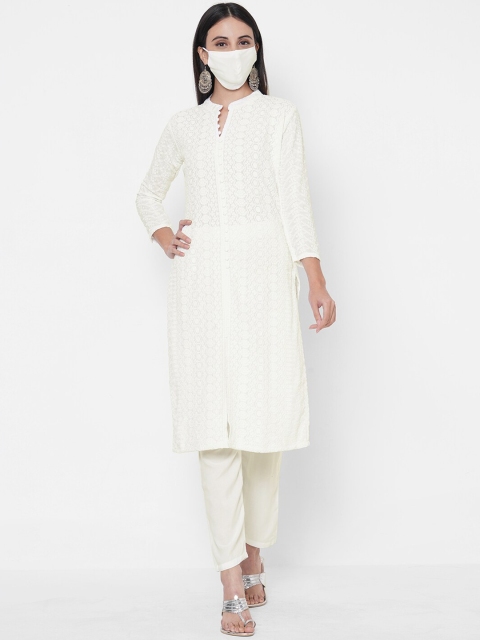 

FASHOR Women White Chikankari Embroidered Kurta Set