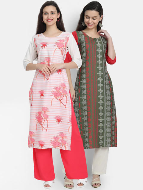 

7threads women Pack Of 2 pink & green floral printed crepe kurta