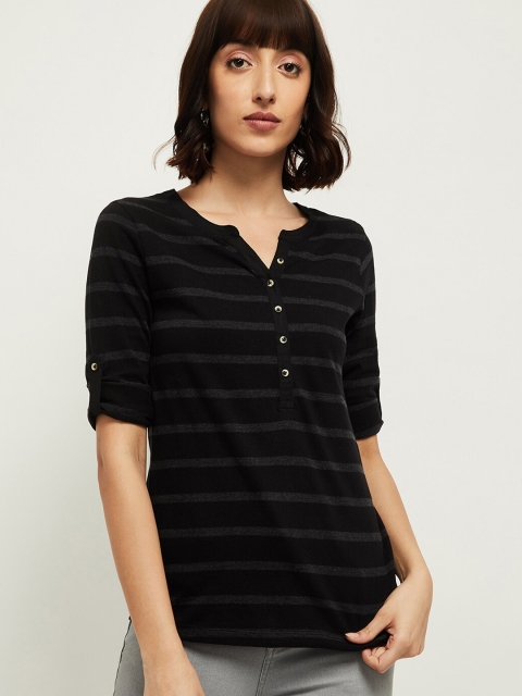 

max Women Charcoal Grey & Black Striped Henley Neck T-shirt