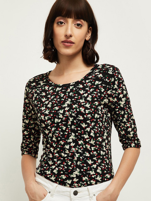 

max Women Black Floral Printed Round Neck T-shirt