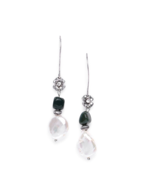 

CRZ Silver-Toned & Green Rhodium-Plated Contemporary Drop Earrings