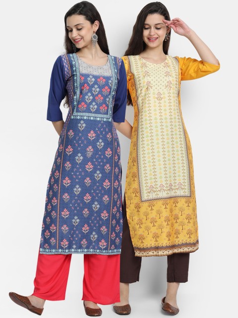 

7threads women Pack Of 2 blue & yellow ethnic motifs printed floral crepe kurta