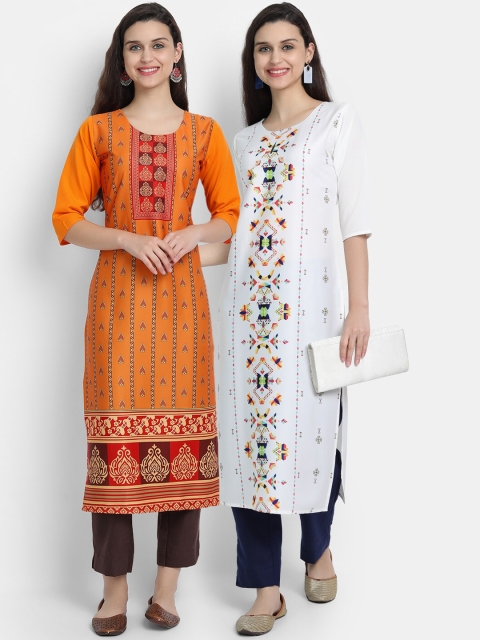 

7threads women Pack Of 2 orange & white ethnic motifs printed crepe kurta