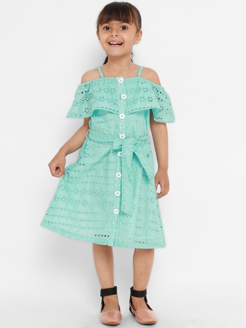

Nauti Nati Girls Turquoise Blue Self Design A-Line Dress
