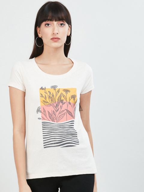 

max Women Cream Printed Round Neck T-shirt