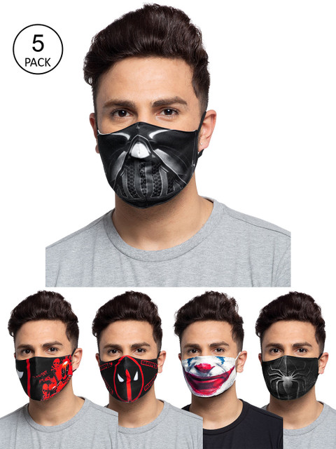 

TREEMODA Men Pack Of 5 Printed 3-Ply Reusable Cloth Masks, Black