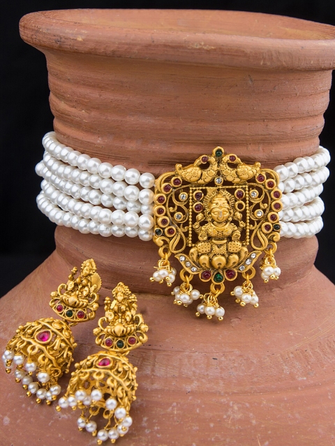 

Alankruthi Gold-Plated Magenta Pink & Green Stone-Studded Beaded Temple Jewellery Set