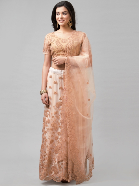 

Satrani Peach-Coloured & White Embellished Semi-Stitched Lehenga & Unstitched Blouse with Dupatta