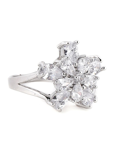 

Foxy Sperks Silver-Toned & White Stone-Studded Flower-Shaped Finger Ring
