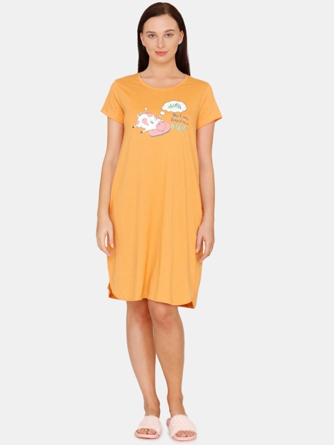 

Zivame Women Mustard Yellow & White Printed Sleep Shirt