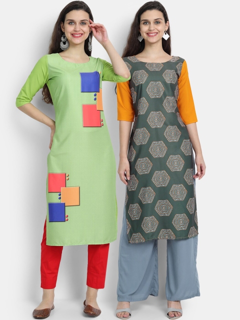 

7threads women Pack Of 2 orange & green geometric printed crepe kurta