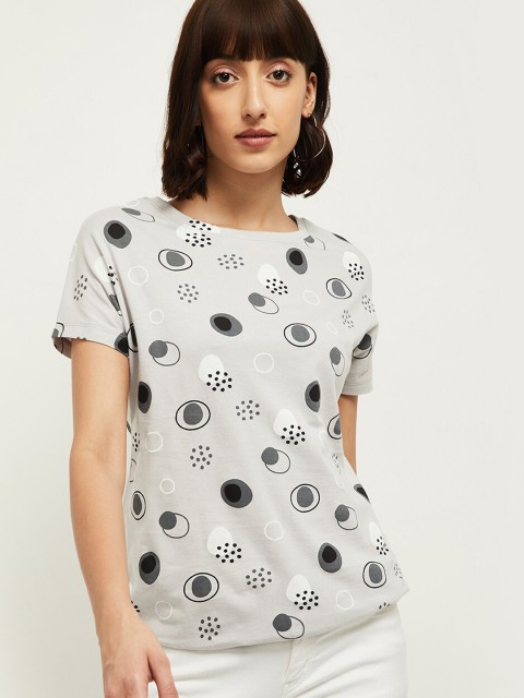 

max Women Grey Printed Round Neck T-shirt