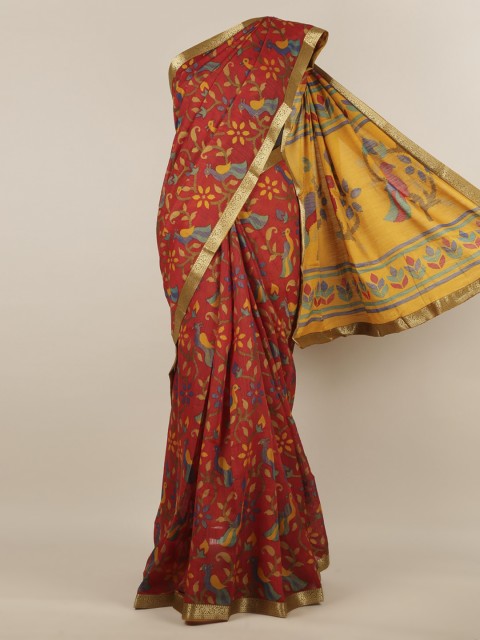 

Pothys Maroon & Yellow Jute Silk Printed Saree