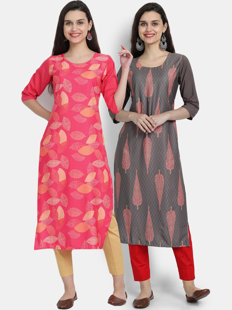 

7threads women Pack Of 2 pink & grey ethnic motifs printed crepe kurta