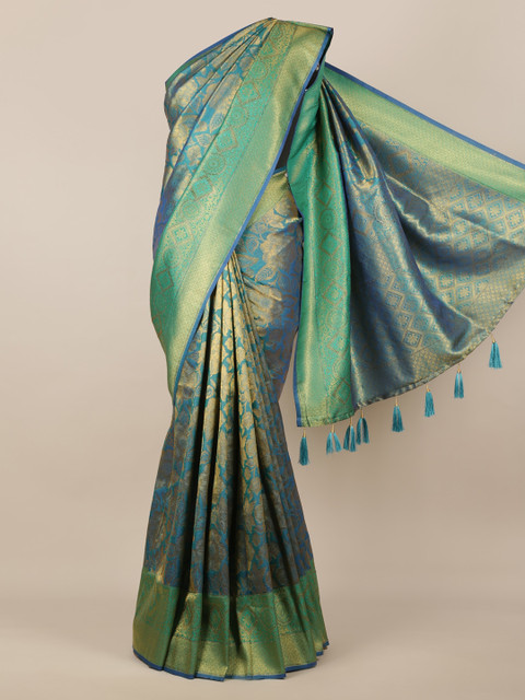 

Pothys Blue & Gold-Toned Jute Silk Woven Design Saree With Tasseled Pallu