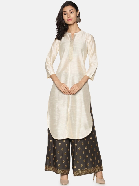Saffron Threads Women Off White Solid Straight Kurta