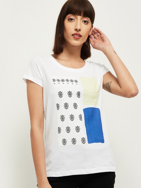 max Women White Printed Round Neck T-shirt